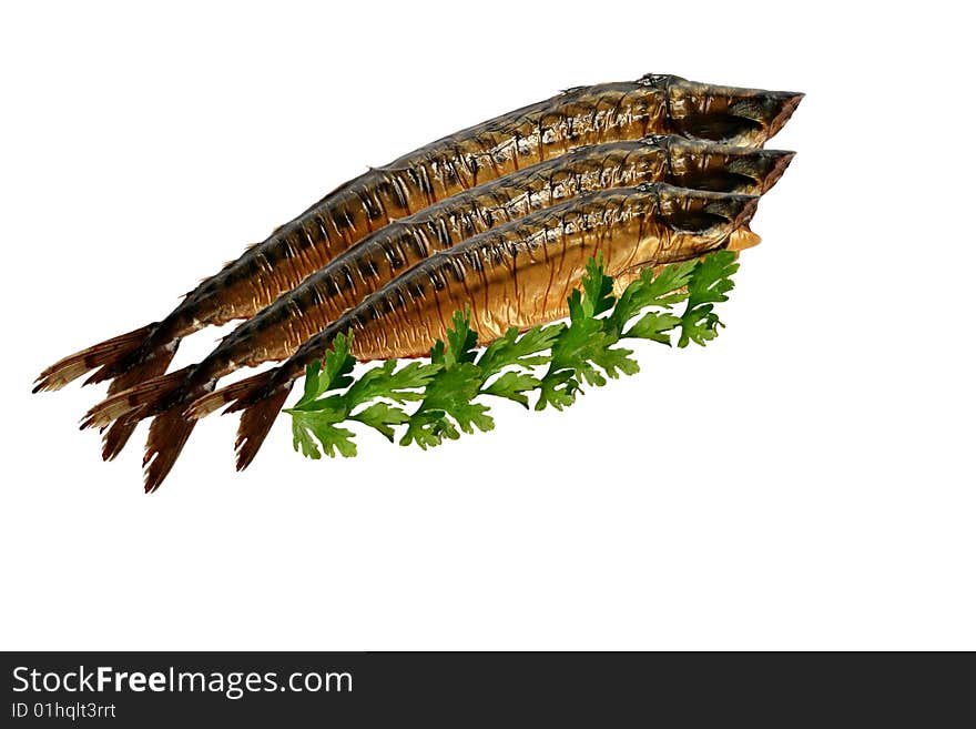 Smoked mackerels on white background