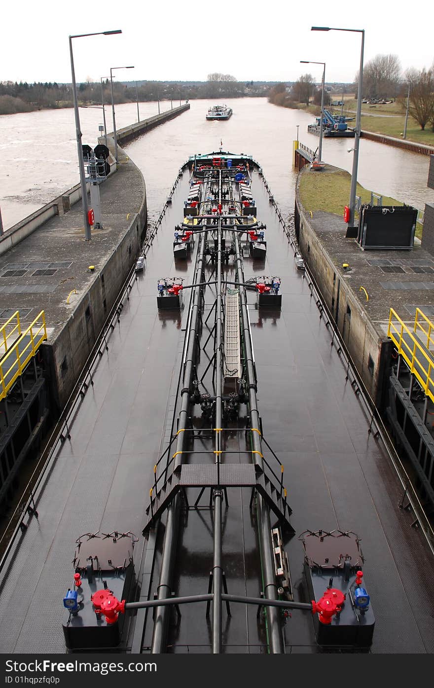 Tankship leaving a Lock near Krotzenburg at Main River. Tankship leaving a Lock near Krotzenburg at Main River