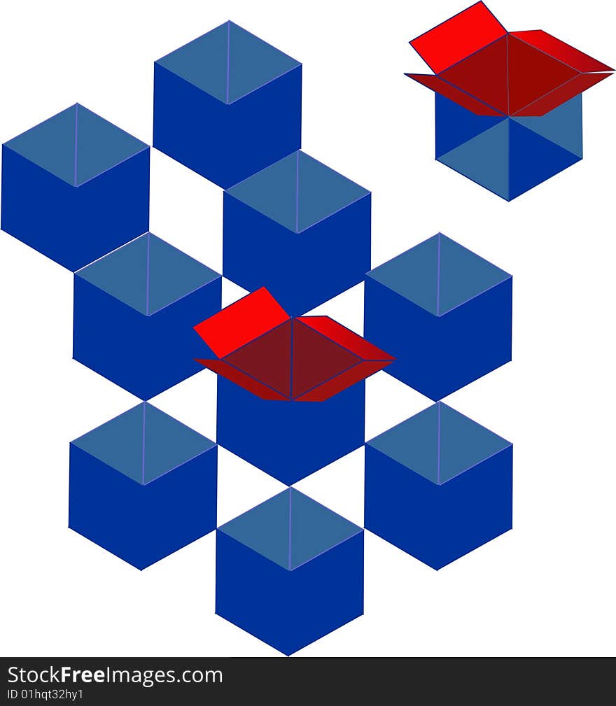 Group of blue boxes with red interiors, arranged in a order. Group of blue boxes with red interiors, arranged in a order...