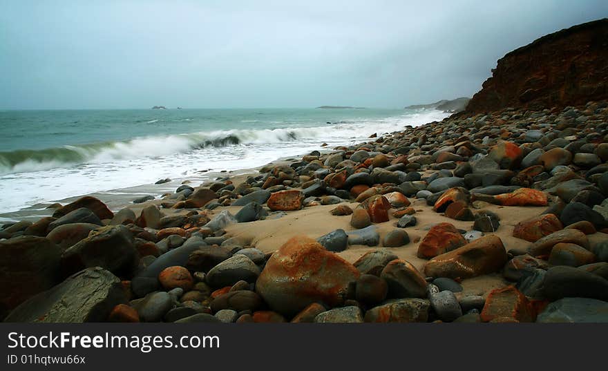 Rocky beach near Trezien (France) before storm. Rocky beach near Trezien (France) before storm