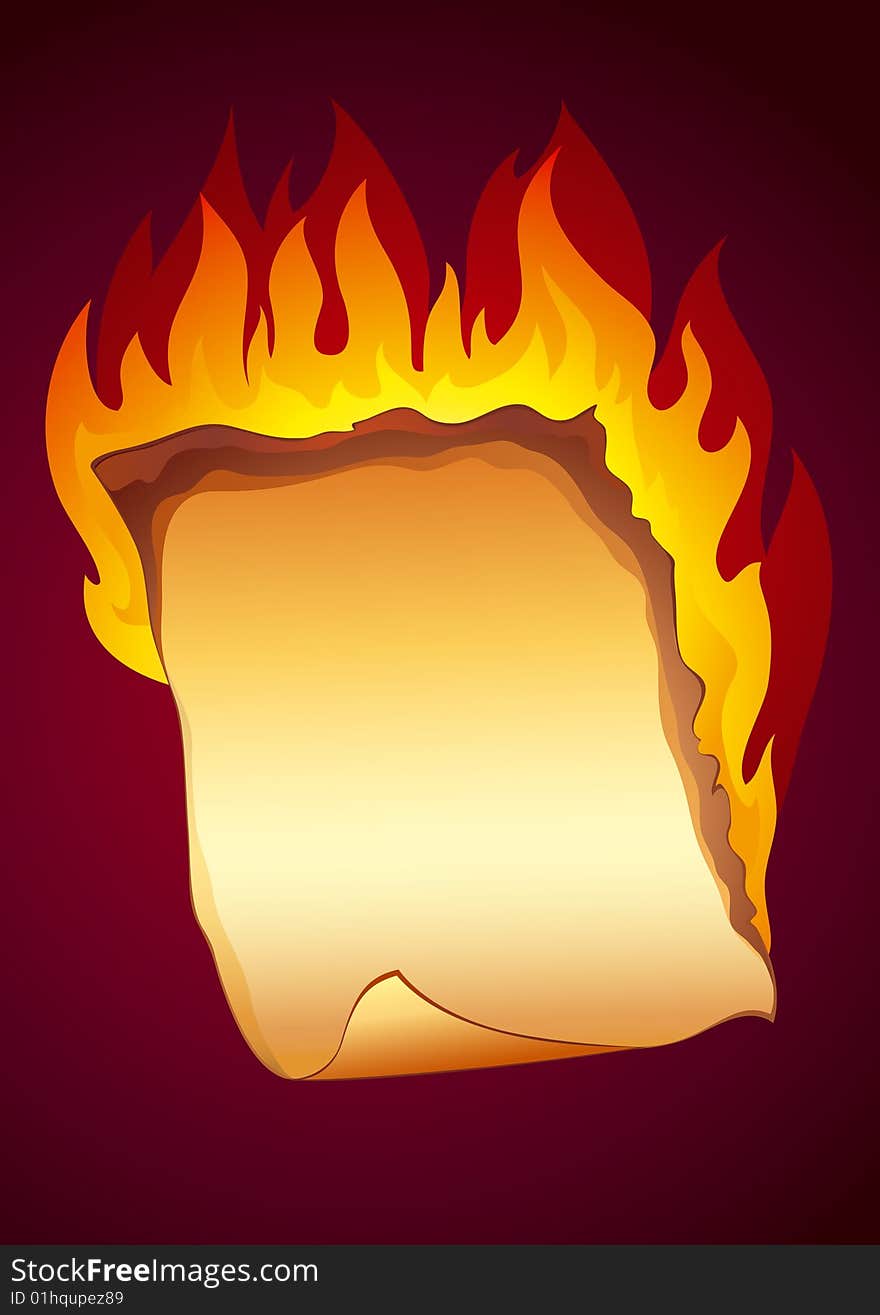 Old paper sheet with turned corner burning on dark background. Fully editable vector. Old paper sheet with turned corner burning on dark background. Fully editable vector.