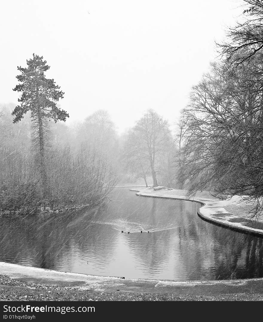 Snowing in the park on a very cold winters day, snowflakes in the air create a beautiful mistyness as the lake starts to freeze. Snowing in the park on a very cold winters day, snowflakes in the air create a beautiful mistyness as the lake starts to freeze