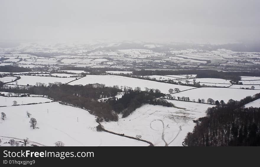 Snowy countryside from the air