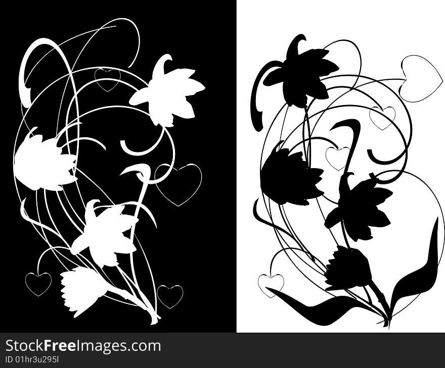 Black and white flower ornament on white and black background. Black and white flower ornament on white and black background