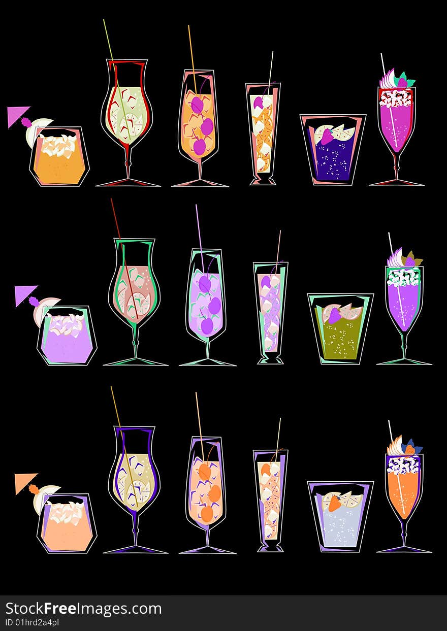 A collection of 3 different color combination cocktails. A collection of 3 different color combination cocktails