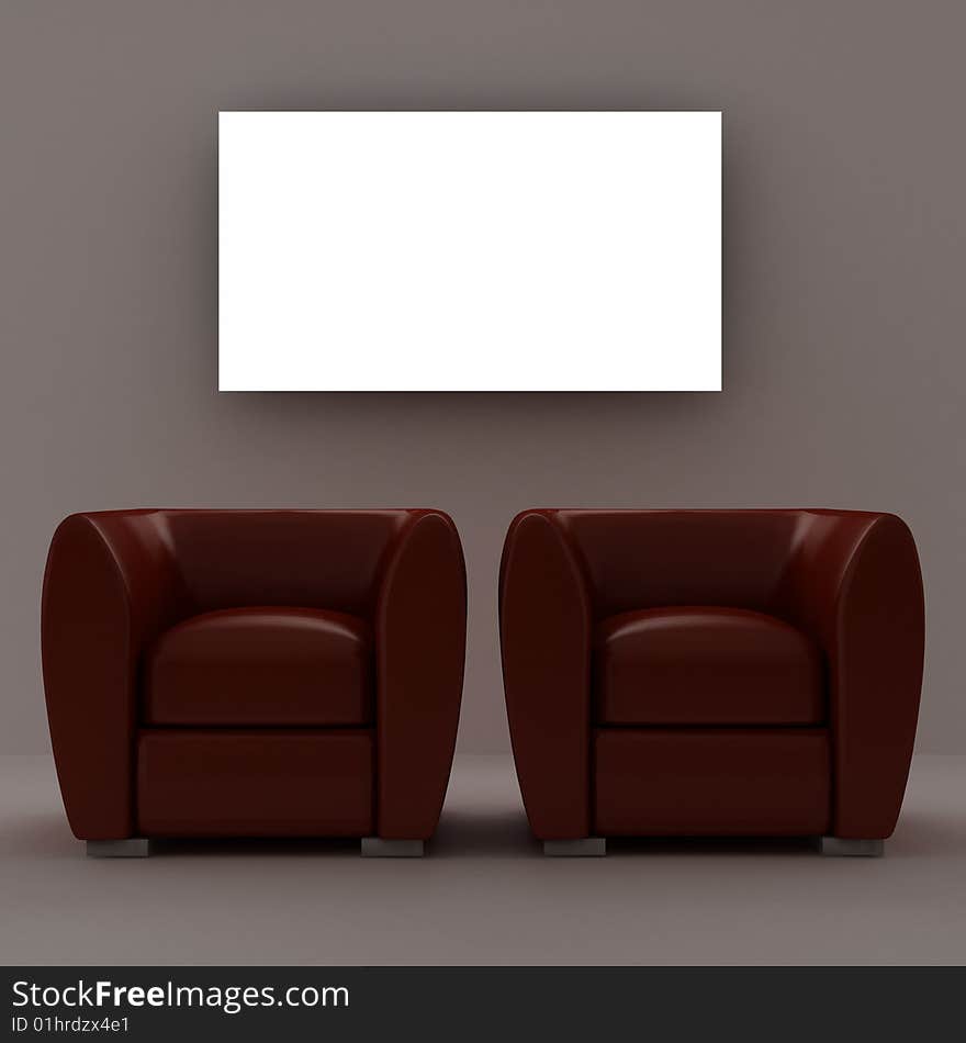 Two red armchairs with place on the wall for yours text