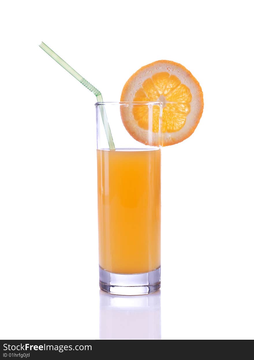 Orange juice with slice on glass isolated on white background.