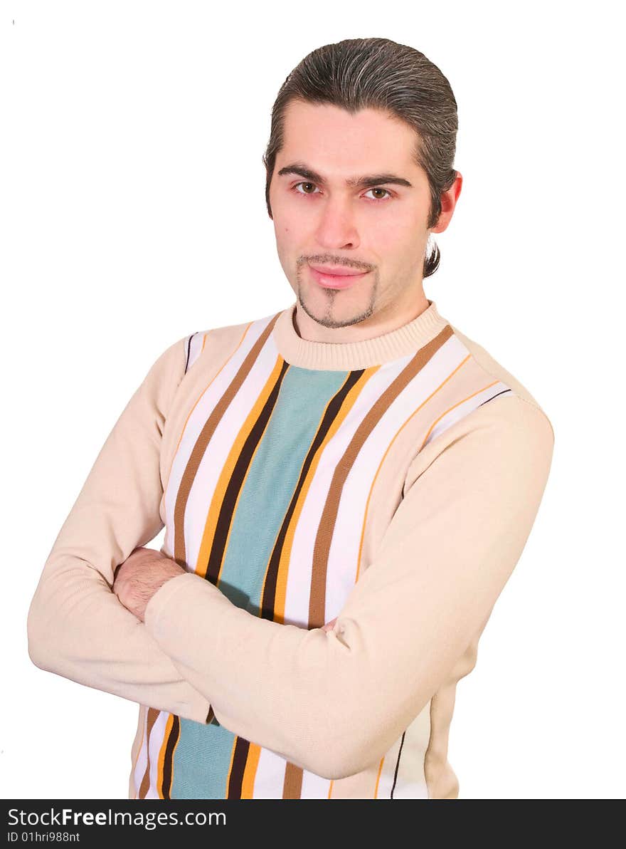 Young dark haired caucasian man in striped sweater isolated on white. Young dark haired caucasian man in striped sweater isolated on white