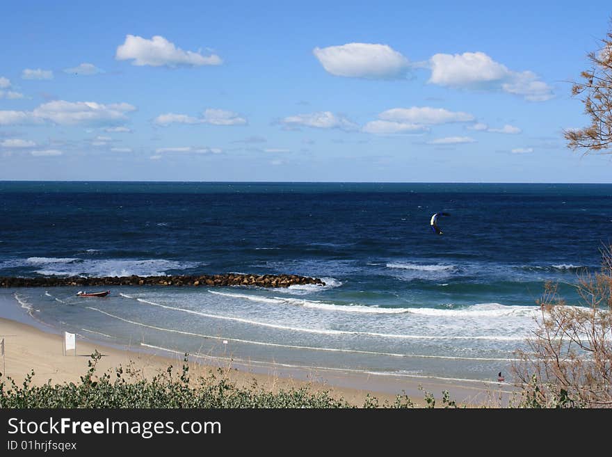 Beach in Israel with Kiteserfing