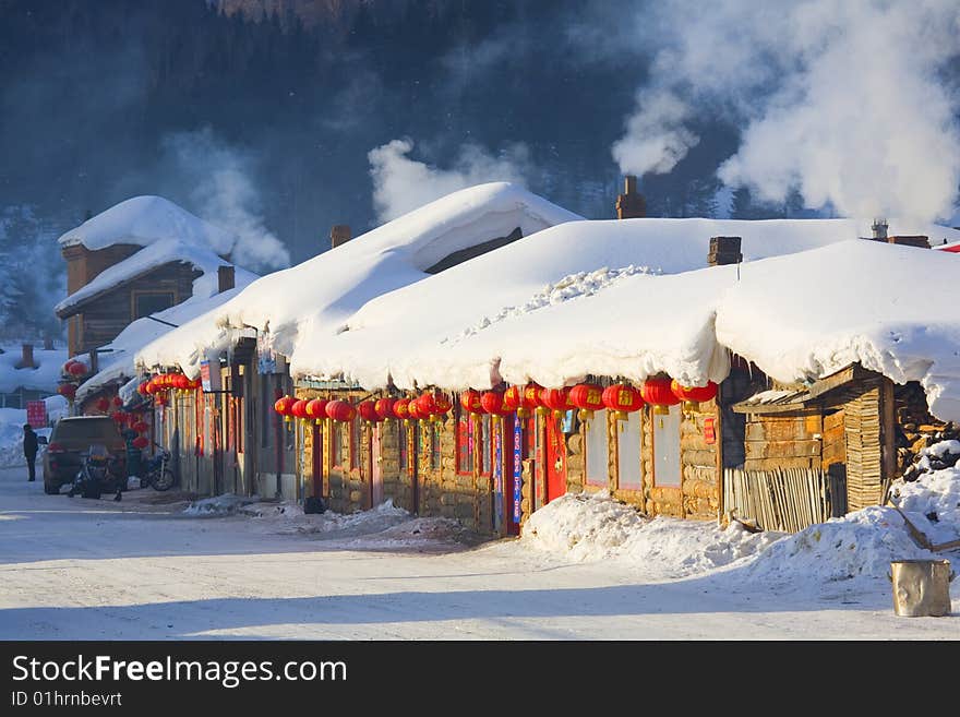 houses  covered in snow,in winter