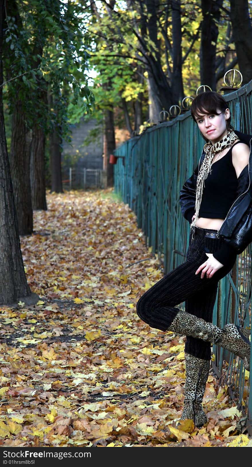 One beauty girl near fences and trees