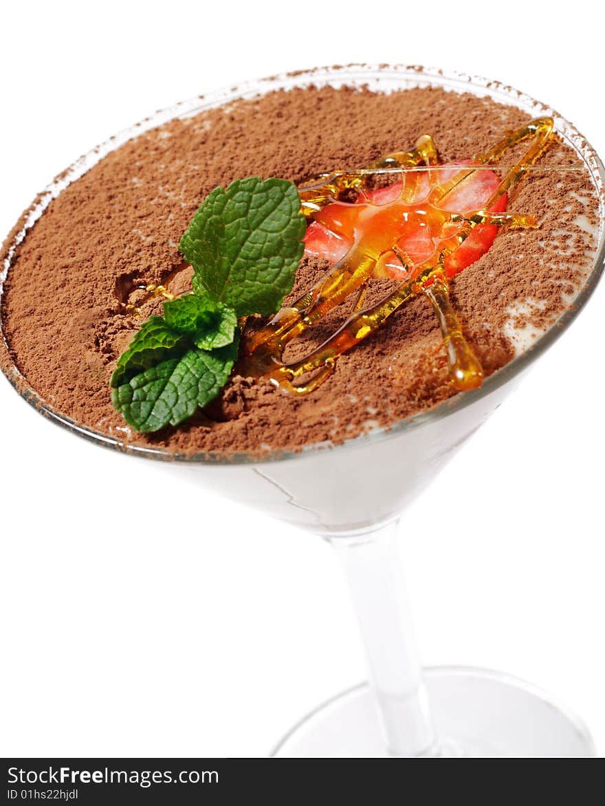 Tiramisu Dessert in a Glass with Mint and Strawberry. Isolated on White Background