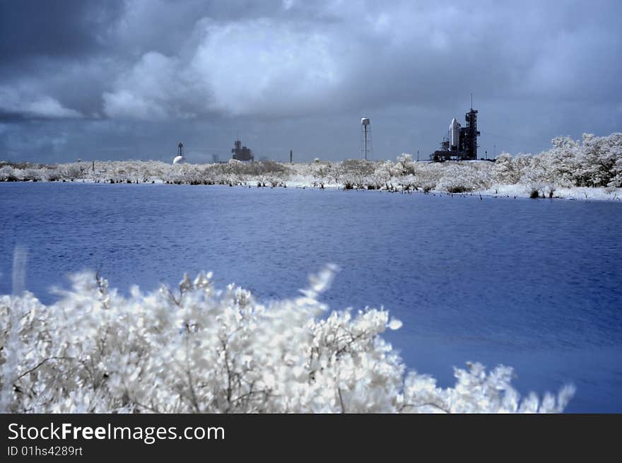 Infrared Shot of the space shuttle launch pad with wetlands in foreground