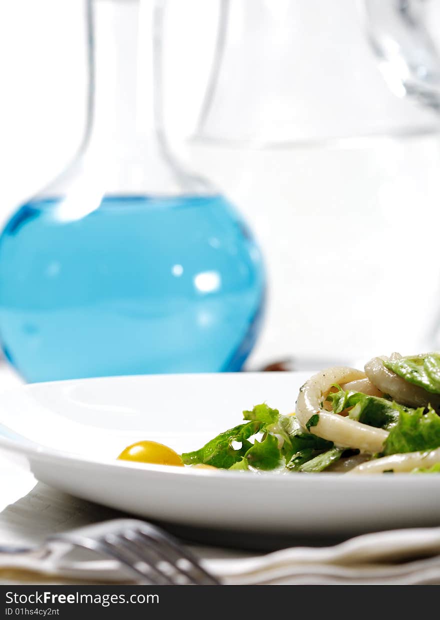 Seafood Salad and Blue Water Jug