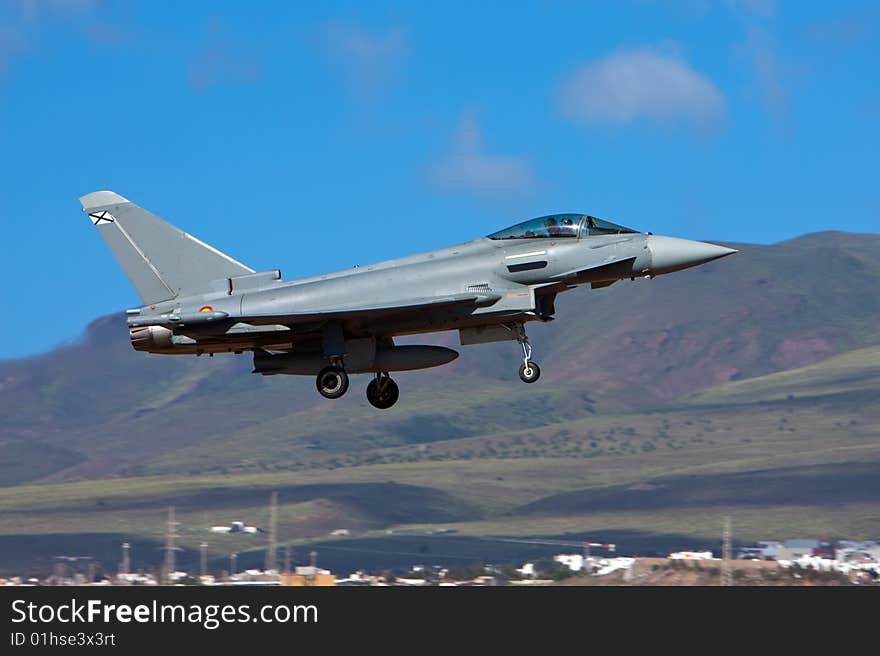 Eurofighter Typhoon with landing gear down ready for land. Eurofighter Typhoon with landing gear down ready for land