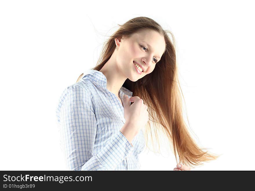 Portrait of young woman with long hair isolated on white backgrownd