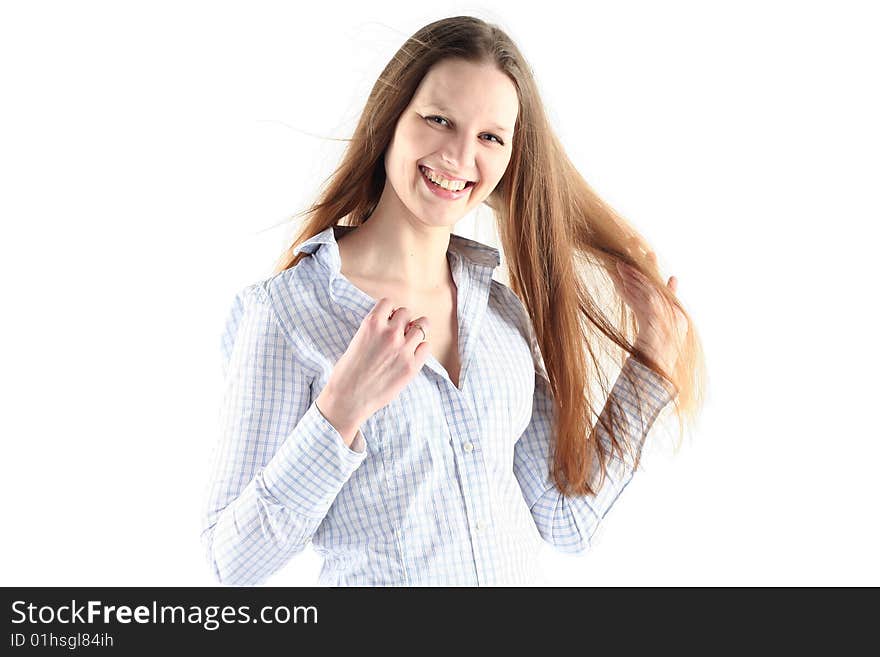 Portrait of young woman with long hair isolated on white backgrownd