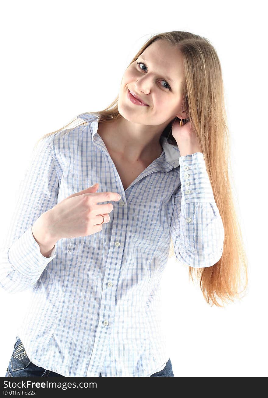 Portrait of young woman with long hair isolated on white backgrownd