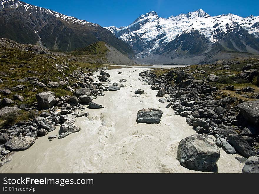 River running down a valley in theMount Cook range in New Zealand. River running down a valley in theMount Cook range in New Zealand