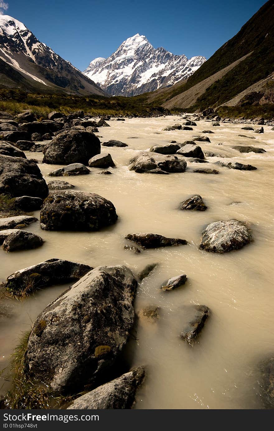 River running down a valley in theMount Cook range in New Zealand. River running down a valley in theMount Cook range in New Zealand