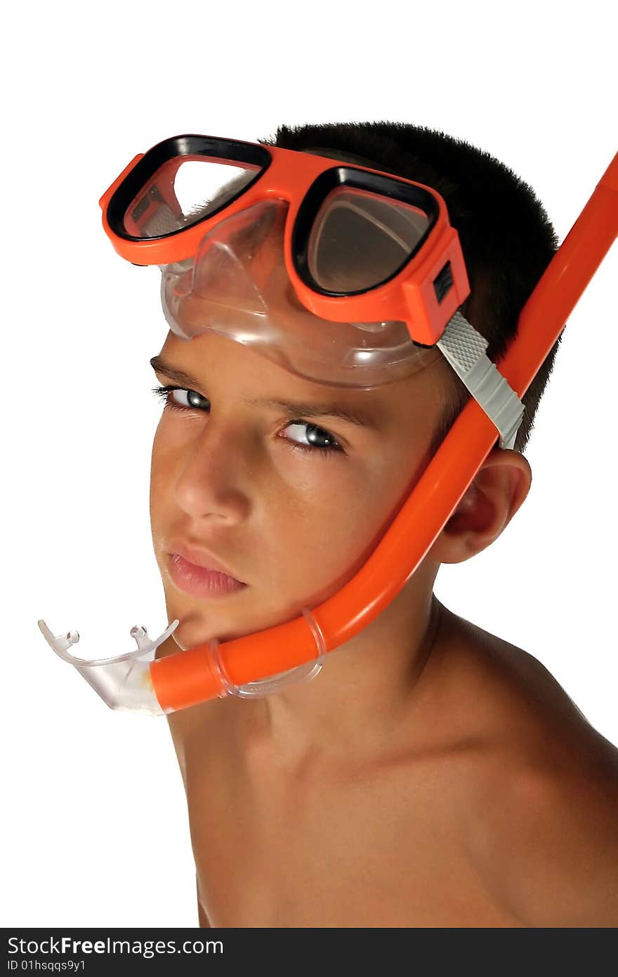 Boy wearing snorkeling goggles and snorkel mouthpieces. Boy wearing snorkeling goggles and snorkel mouthpieces