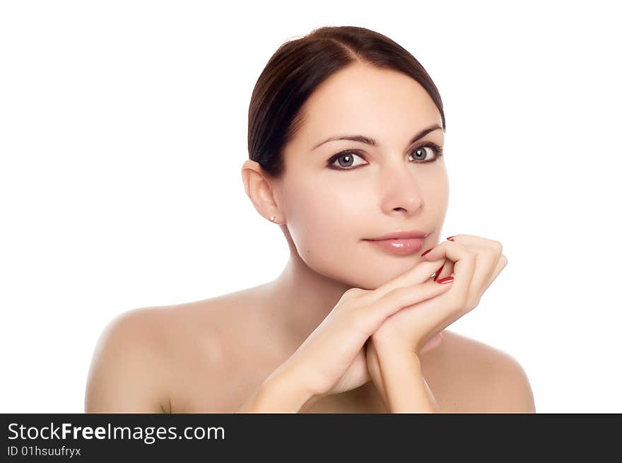 Girl looking at camera on white background