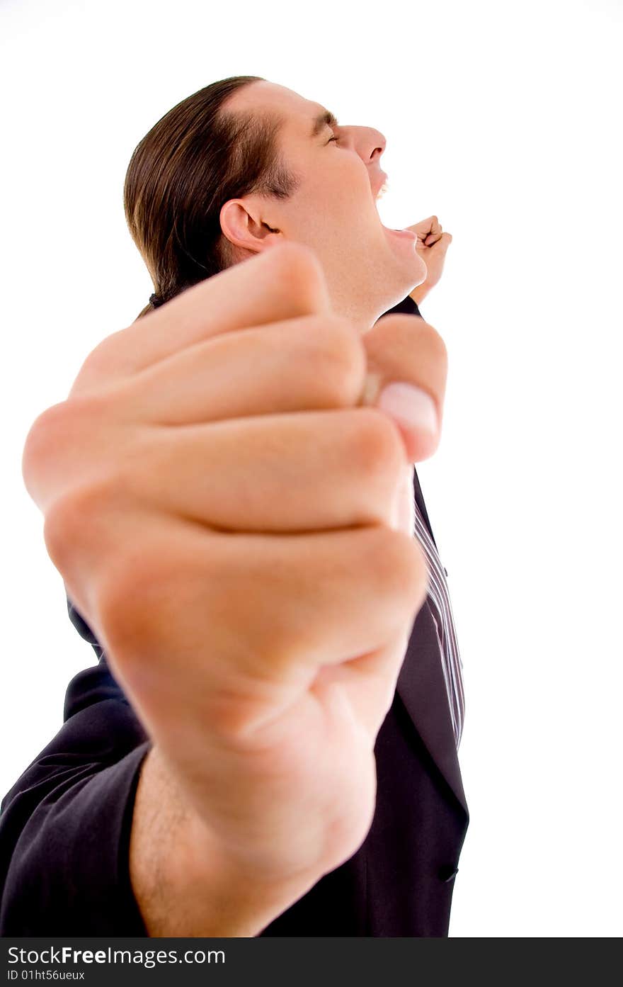 Close up view of man's stretched hand on white background