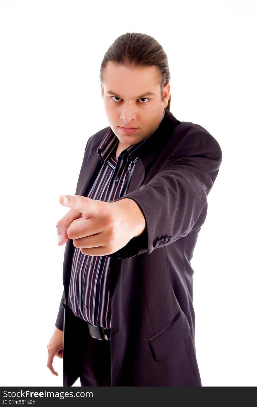 Angered businessman shouting in front of camera isolated on white background