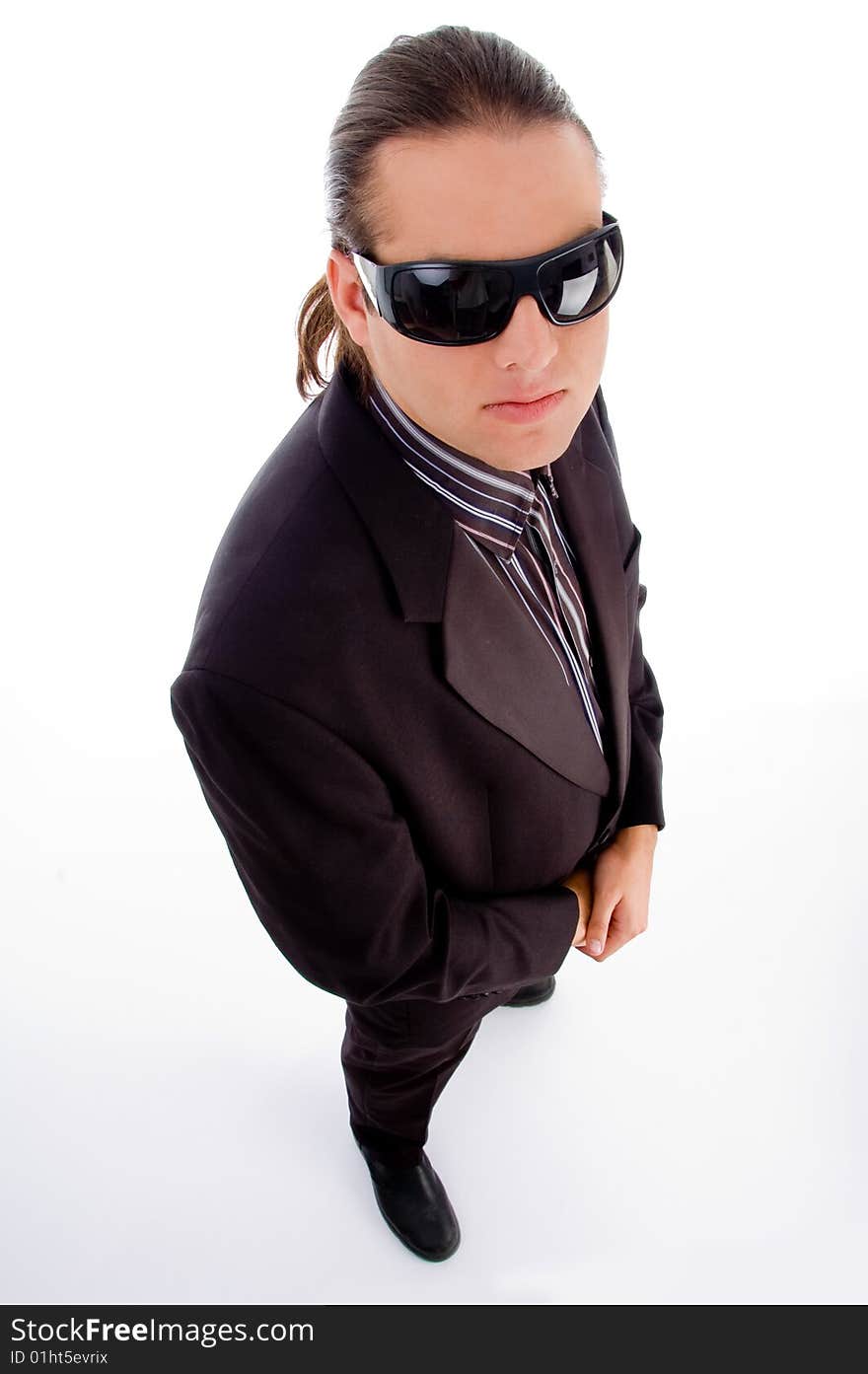 Aerial view of handsome businessman on isolated white background