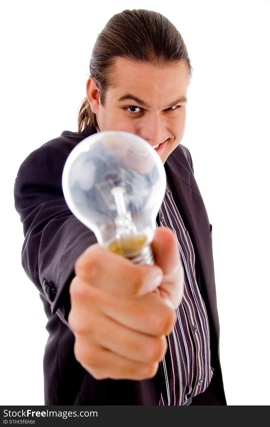 Young male holding electric bulb