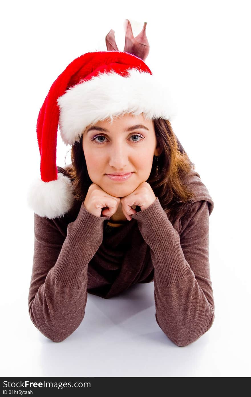 Female In Christmas Hat Lying On Floor