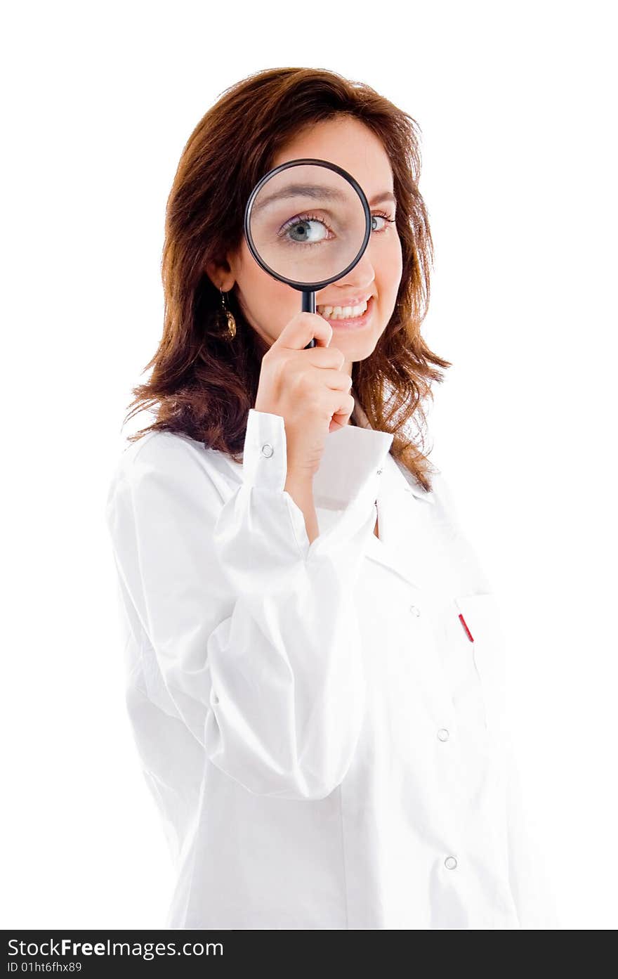 Doctor holding magnifier close to eyes isolated on white background