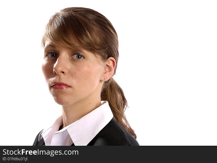 Business Brunette Blonde Female Model in Casual Preppy Attire with White Collar Lipstick and Ponytail. Business Brunette Blonde Female Model in Casual Preppy Attire with White Collar Lipstick and Ponytail