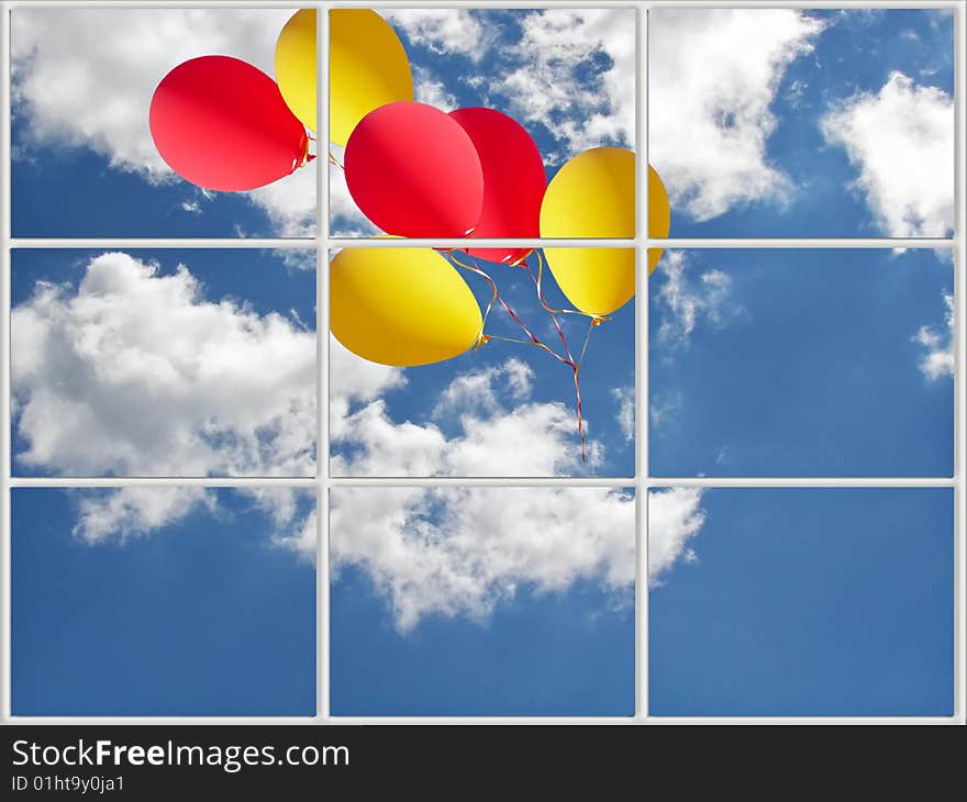 Balloons floating past a window. Balloons floating past a window.