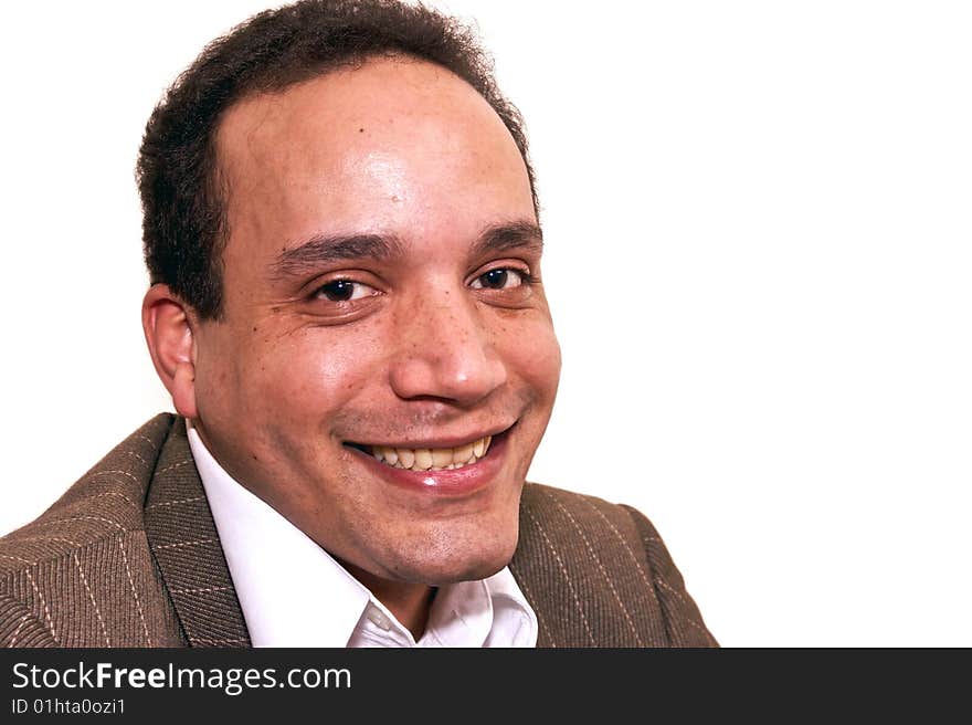 African american male grinning ear to ear wearing suit against white background