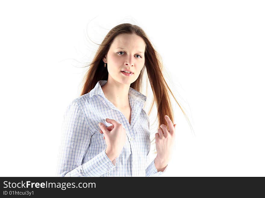 Portrait of young woman with long hair isolated on white backgrownd