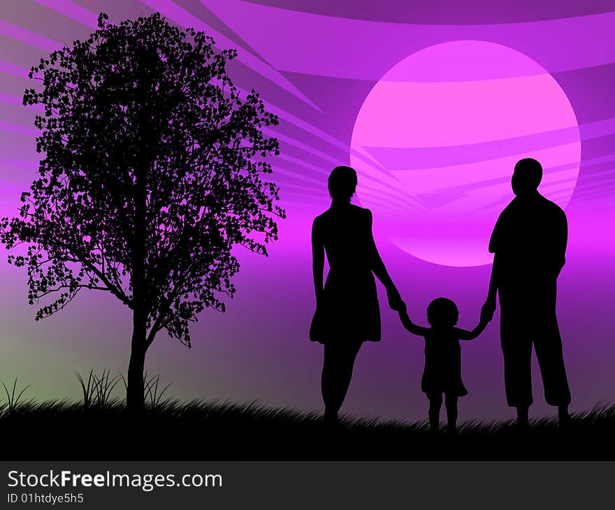 Family in front of a colorful sunset. Family in front of a colorful sunset