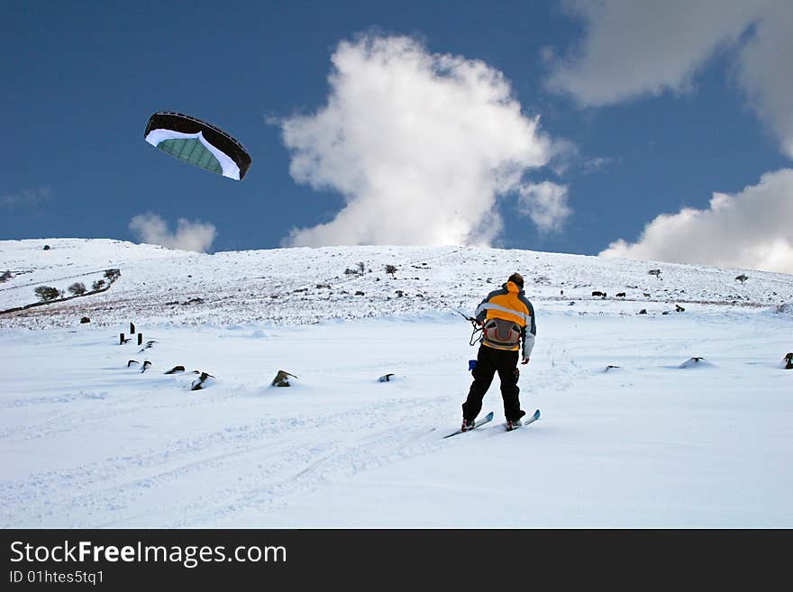 Kite skiing on snow on Dartmoor