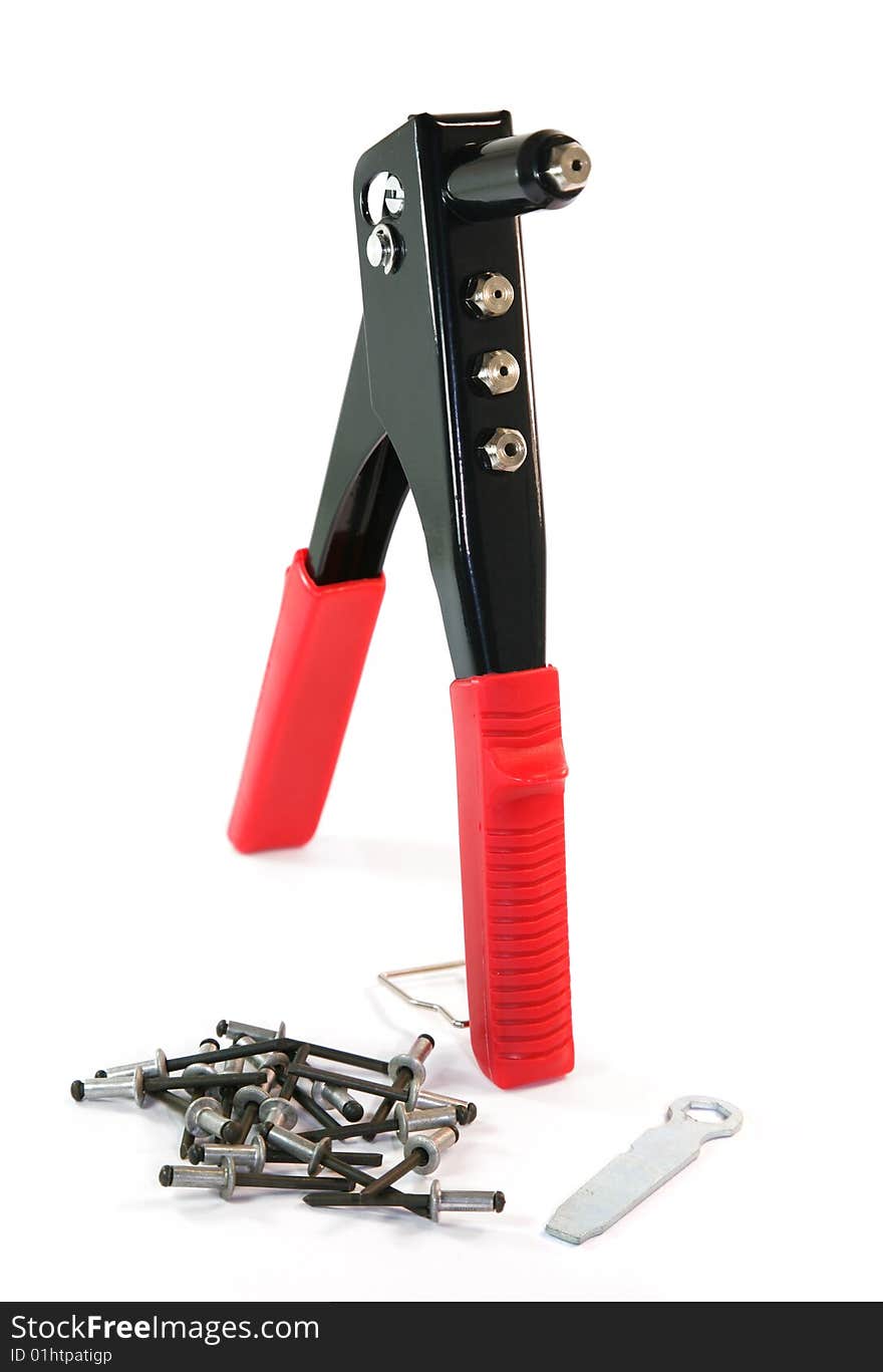 Red hand riveter and rivets it is isolated on a white background