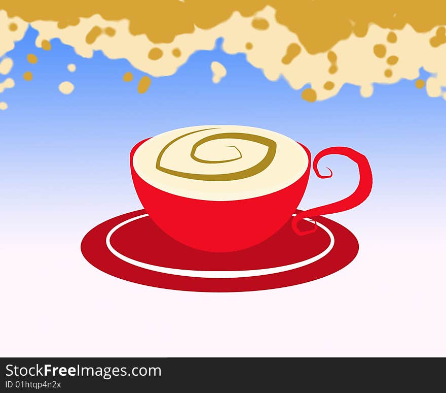 A little red cup full of milk and coffee on a light blue background and raining drops of coffee and milk. Digital drawing. Coloured picture. A little red cup full of milk and coffee on a light blue background and raining drops of coffee and milk. Digital drawing. Coloured picture.