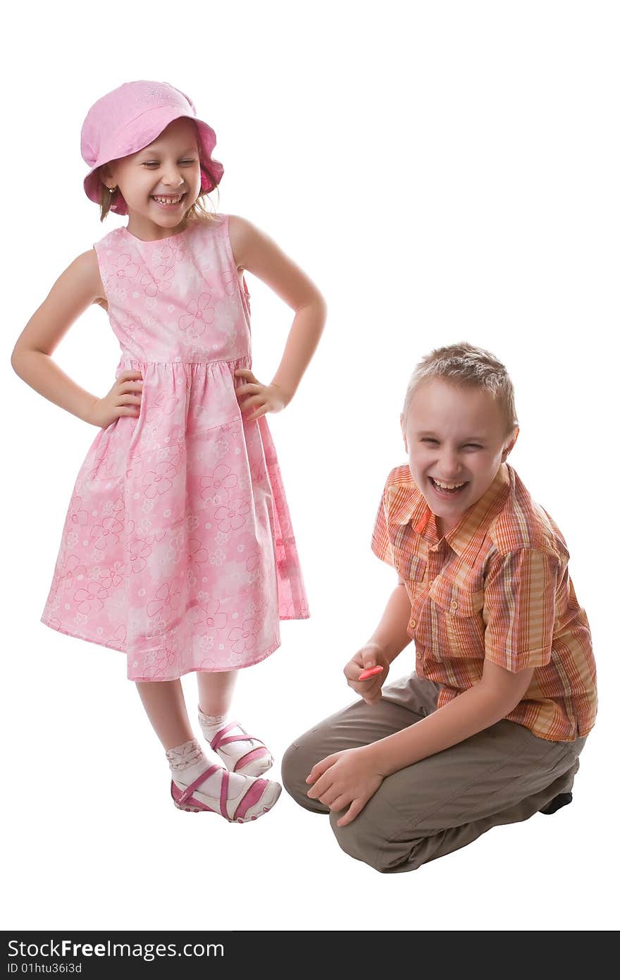 Little beautiful boy and girl isolated on a white background. Little beautiful boy and girl isolated on a white background