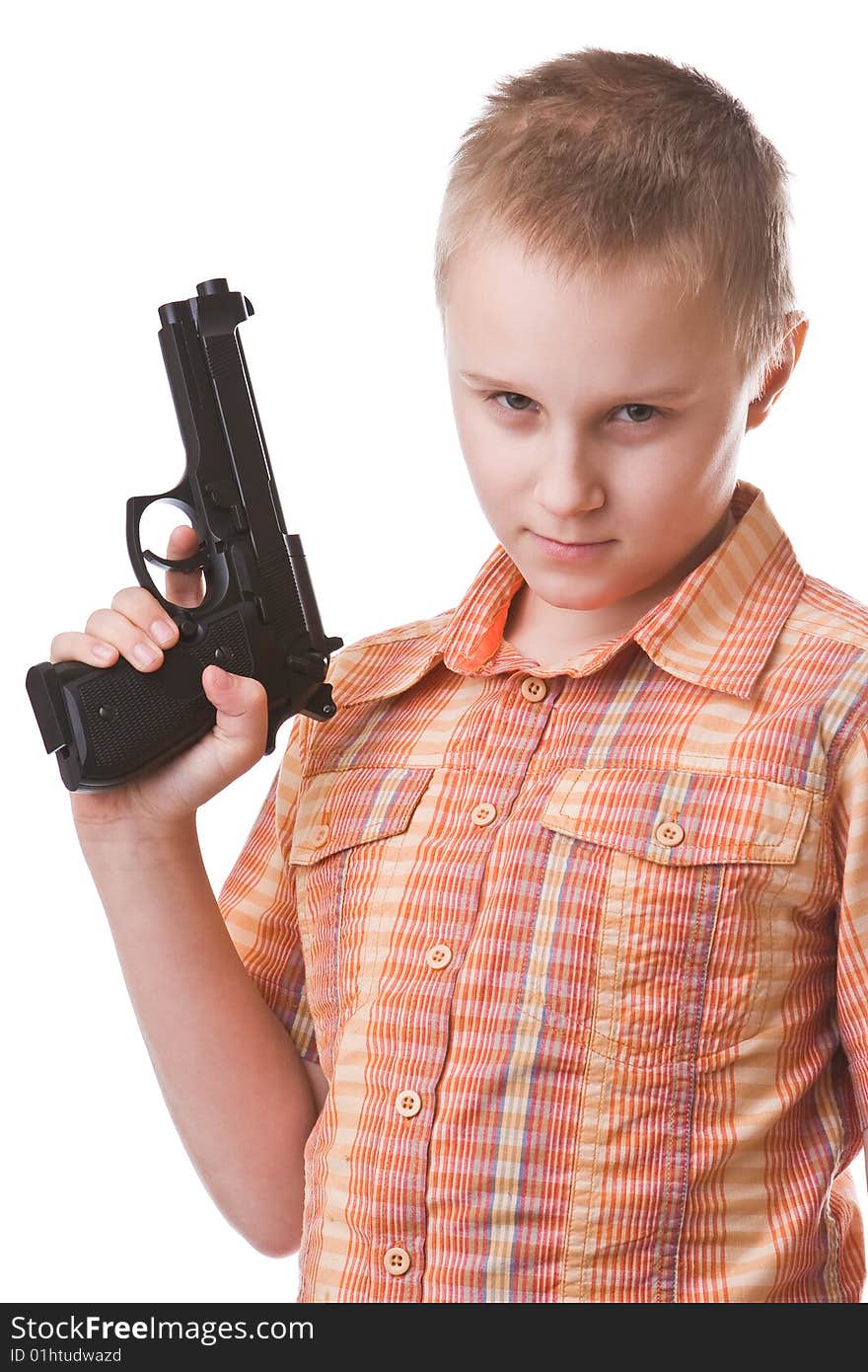 Boy with big gun isolated on a white background. Boy with big gun isolated on a white background