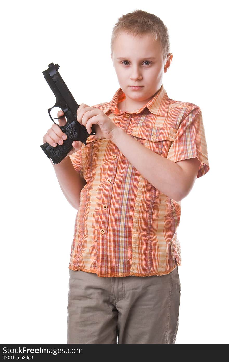 Boy with big gun isolated on a white background. Boy with big gun isolated on a white background