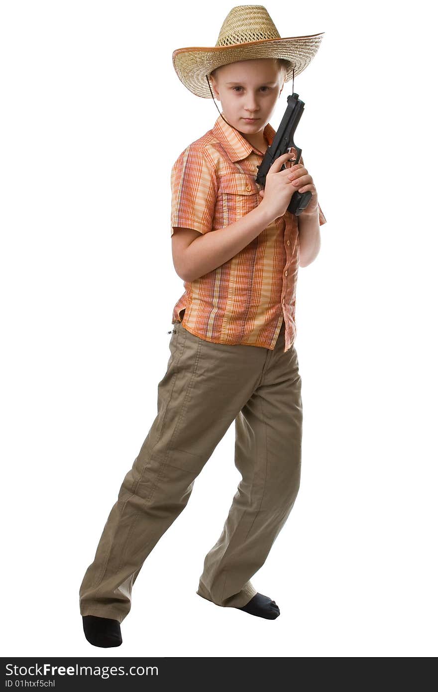 Boy with big gun isolated on a white background. Boy with big gun isolated on a white background