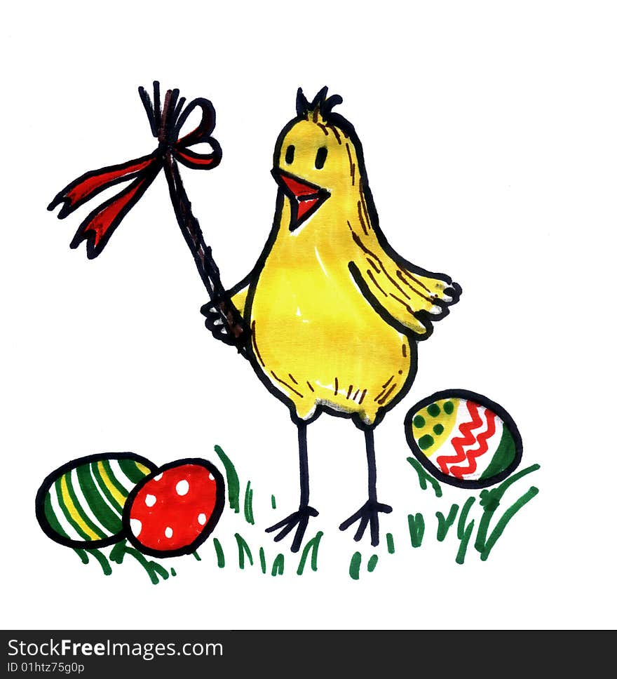 Hand drawing, Easter motive, yellow chick with coloured eggs