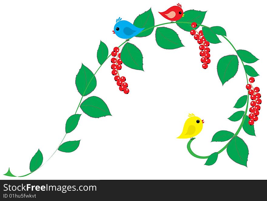 Illustration of cartoon birds with floral elements. Illustration of cartoon birds with floral elements