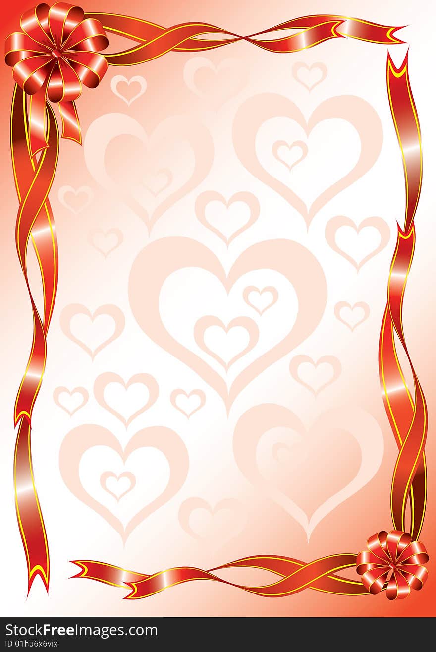 Illustration of card with red bow and hearts. Illustration of card with red bow and hearts