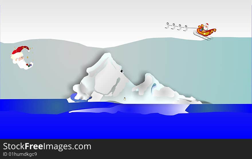 Santa Pulled By Penguins Over An Iceberg