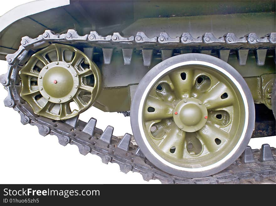 A part of panzer on white,including the chain and wheels