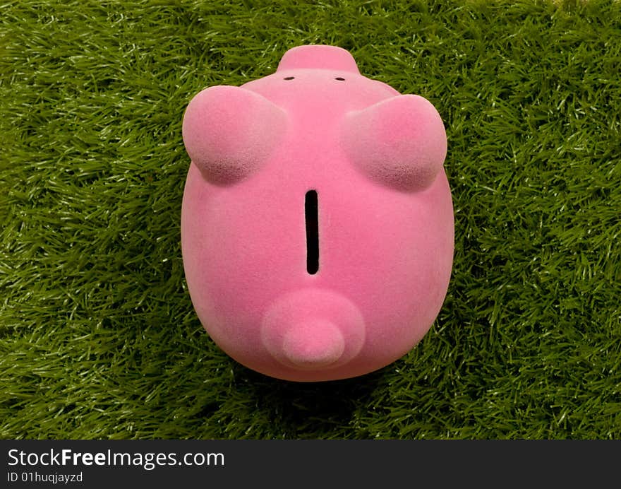 A top down look at a piggy bank on grass. A top down look at a piggy bank on grass.